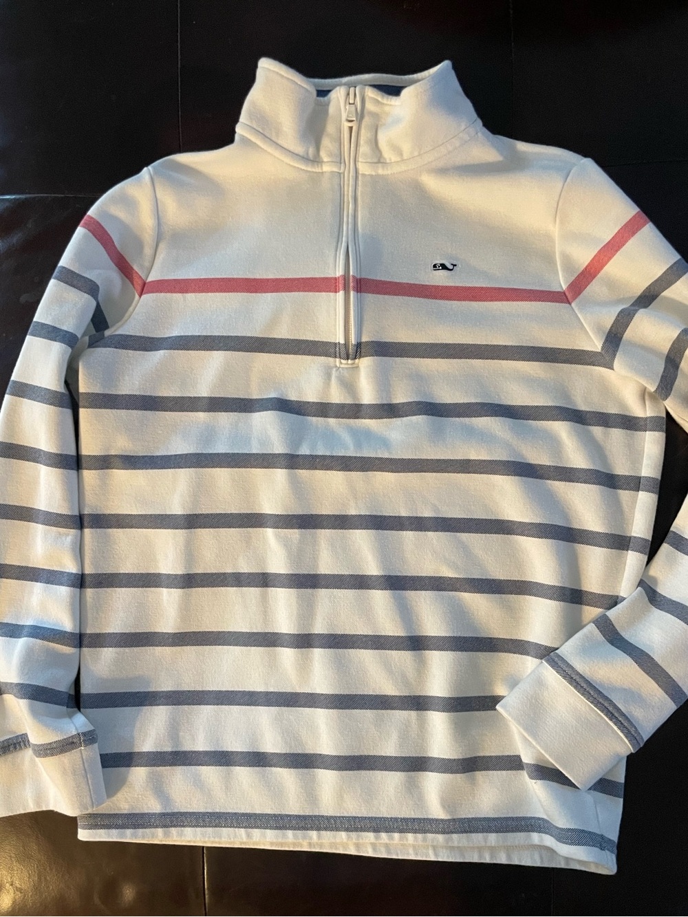 Vineyard Vines Kids Cream Striped  Saltwater 1/4 Zip with Red and Navy Stripes